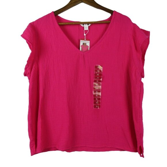 Three Dots Double Top Gauze Pink Short Sleeve V-Neck  XXL NWT $138 Casual - Picture 3 of 7